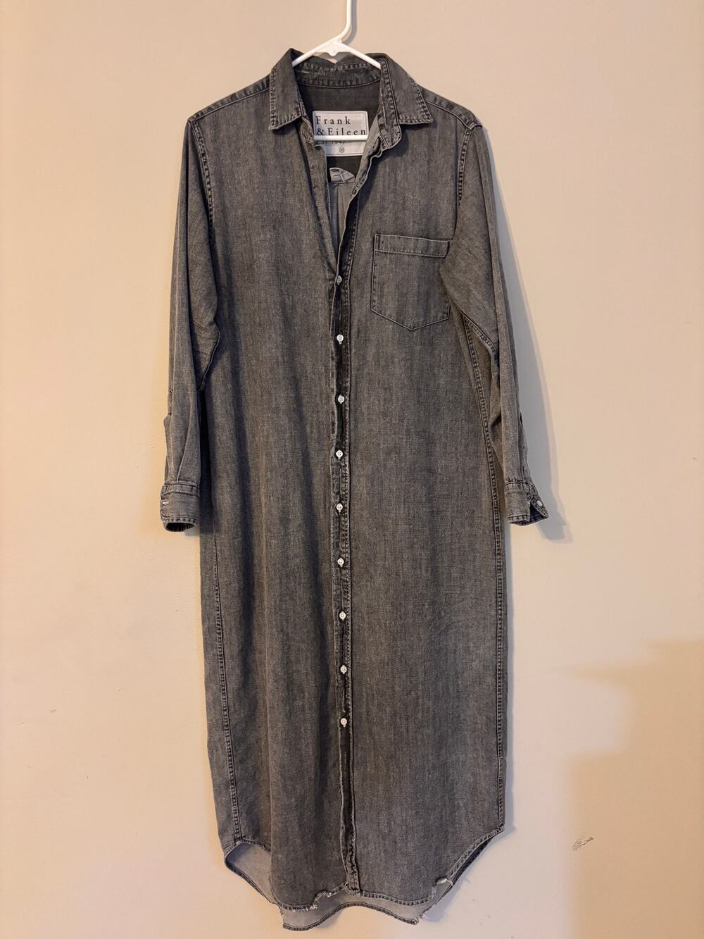 Frank & Eileen Womens M Black Denim Maxi Shirt Dress Button Down Raw Hem
